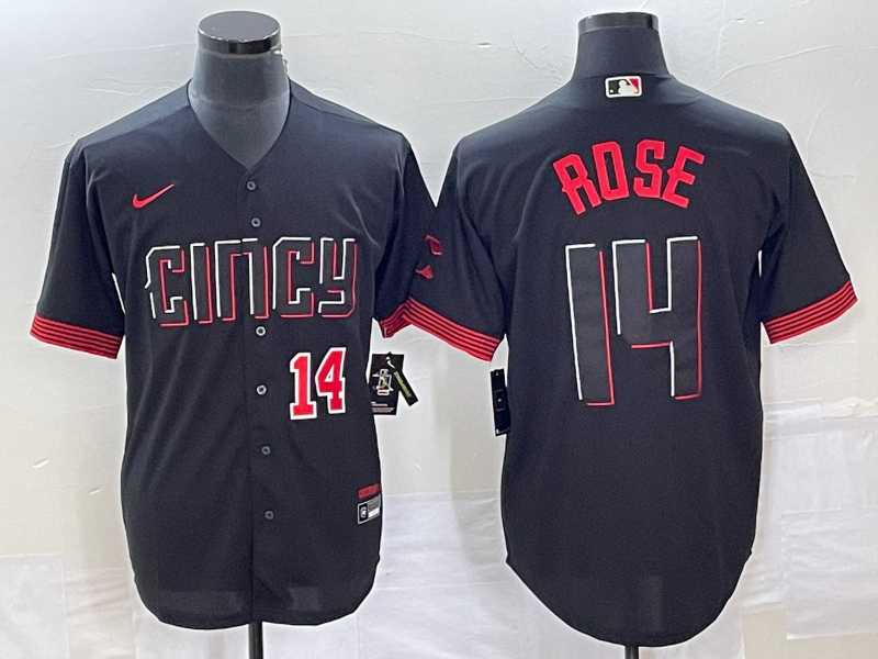Mens Cincinnati Reds #14 Pete Rose Number Black 2023 City Connect Cool Base Stitched Jersey